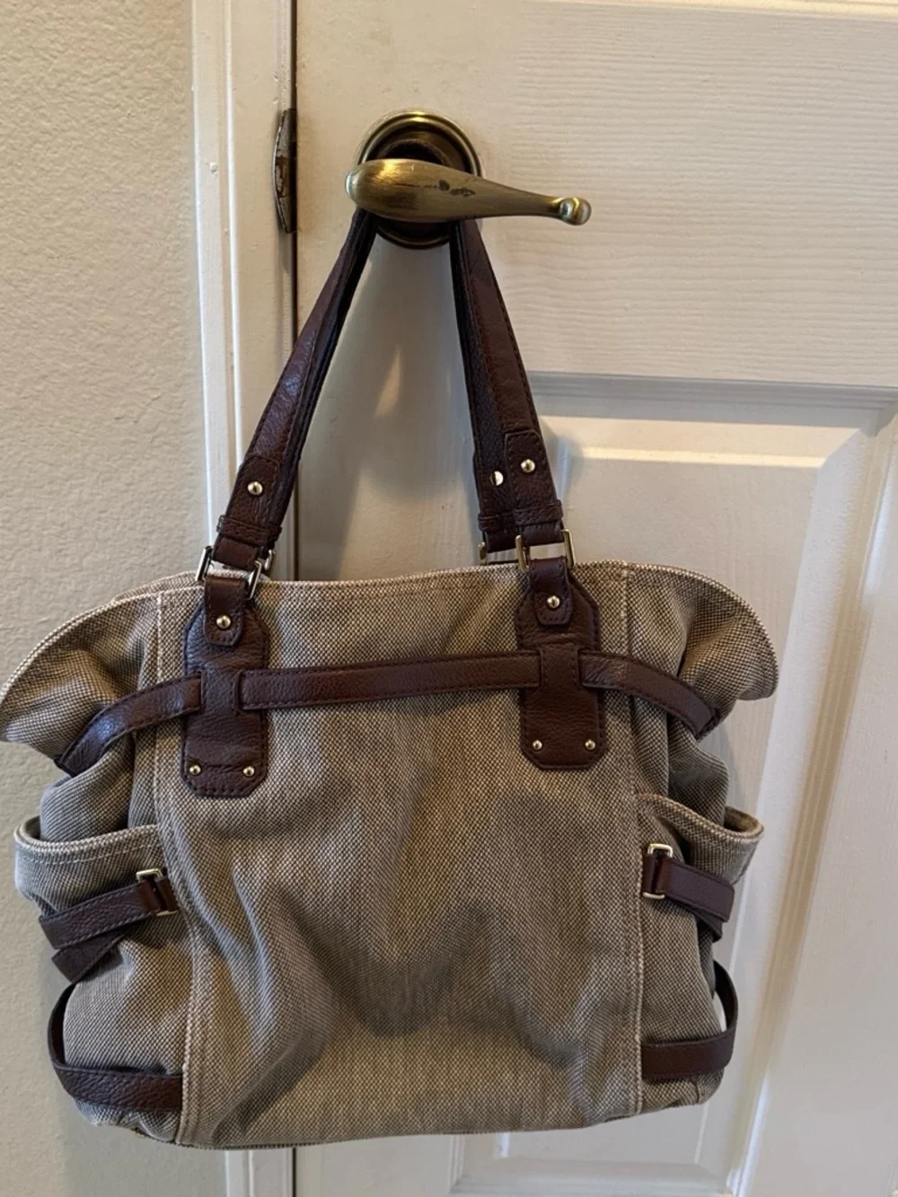 Michael Kors Taupe Canvas Shoulder Bag with Brown Trim